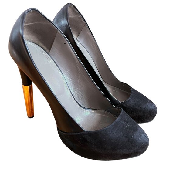 Maiyet Livia platform pumps black leather suede toe semi pointed gold toe 39 9 - Picture 1 of 15